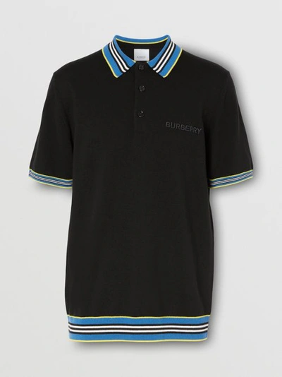 Shop Burberry Icon Stripe Detail Wool Polo Shirt In Black