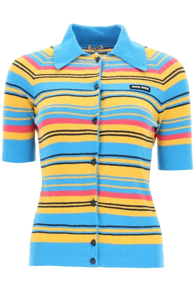 Shop Miu Miu Striped Bouclé Cardigan In Turchese (blue)