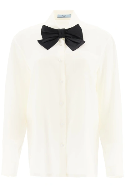 Shop Prada Crepe Shirt With Satin Bow In Avorio Nero (white)