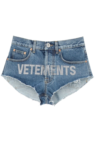 Shop Vetements Shorts With Crystal Logo In Blue (blue)