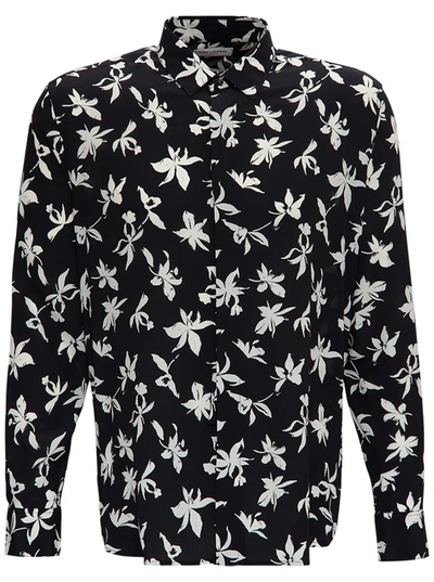 Shop Saint Laurent Crepe De Chine Silk Shirt With Wild Orchid Print In Black