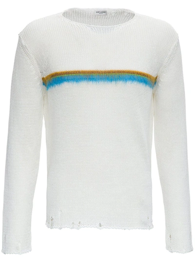 Shop Saint Laurent Linen And Brushed Mohair Destroyed Sweater In White