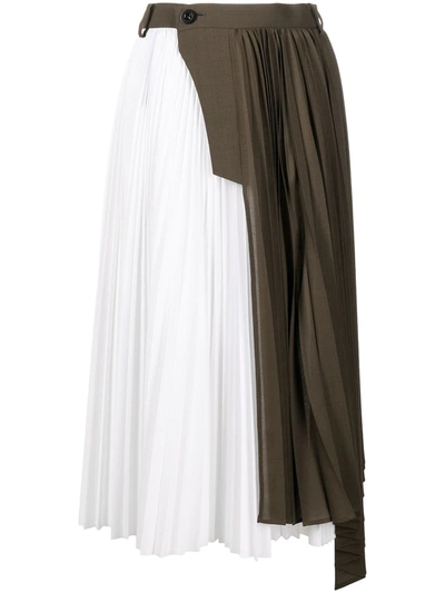 Sacai Contrast Panel Asymmetric Hem Pleated Midi Skirt In Brown