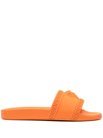 Shop Versace Medusa Motif Logo Slides In Orange