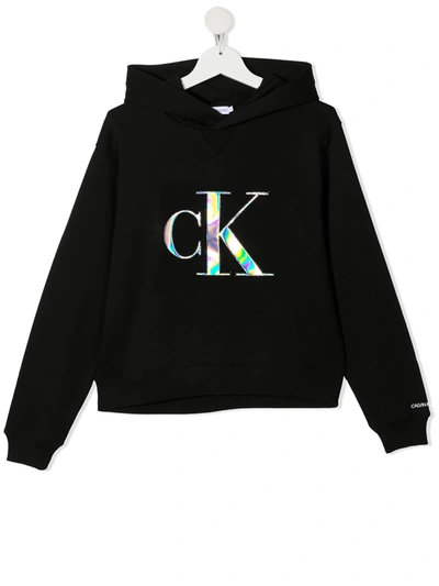 Shop Calvin Klein Logo Print Hoodie In Black