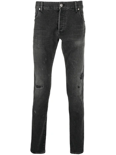 Shop Balmain Distressed-finish Denim Jeans In Black