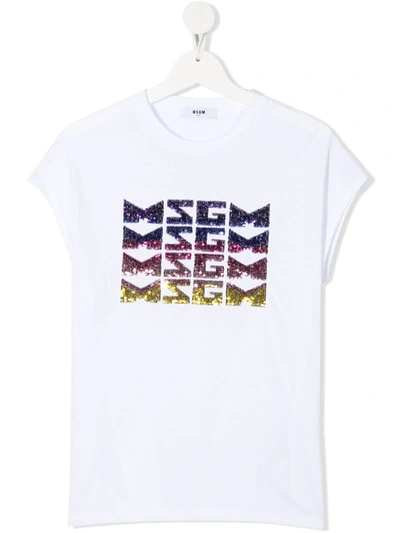 Shop Msgm Teen Sequinned Logo Cotton T-shirt In White