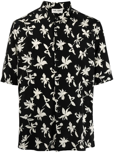 Shop Saint Laurent Floral-print Silk Shirt In Black