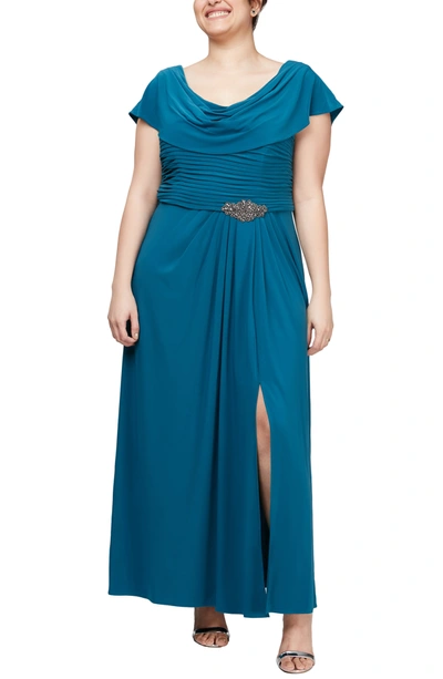 Shop Alex Evenings Cowl Neck Beaded Waist Gown In Teal