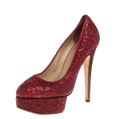 Pre-owned Charlotte Olympia Red Glitter Priscilla Platform Pumps Size 38.5
