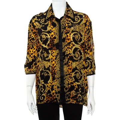 Pre-owned Versace Black & Yellow Printed Silk Double Collar Button Front Shirt L