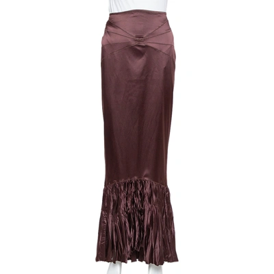 Pre-owned Just Cavalli Burgundy Satin Ruffled Fitted Maxi Skirt M