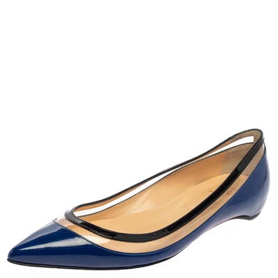 Pre-owned Christian Louboutin Blue/black Patent Leather And Pvc Paulina Pointed Toe Flats Size 37.5