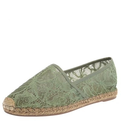 Pre-owned Valentino Garavani Green Lace And Leather Trim Espadrille Flats Size 39