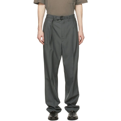 Shop Lemaire Grey Wool Belted Pleat Trousers In 935 Iron Grey