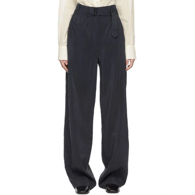 Shop Lemaire Navy Silk Loose Trousers In 996 Coal