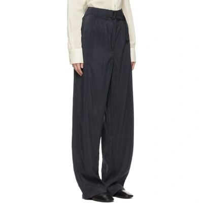 Shop Lemaire Navy Silk Loose Trousers In 996 Coal