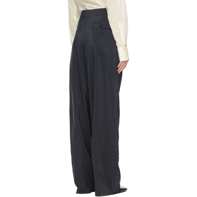 Shop Lemaire Navy Silk Loose Trousers In 996 Coal