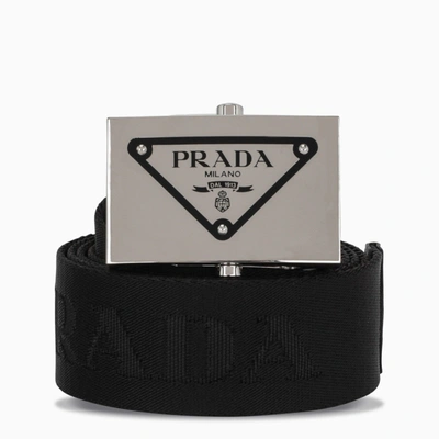 Shop Prada Black/silver Woven Nylon Belt