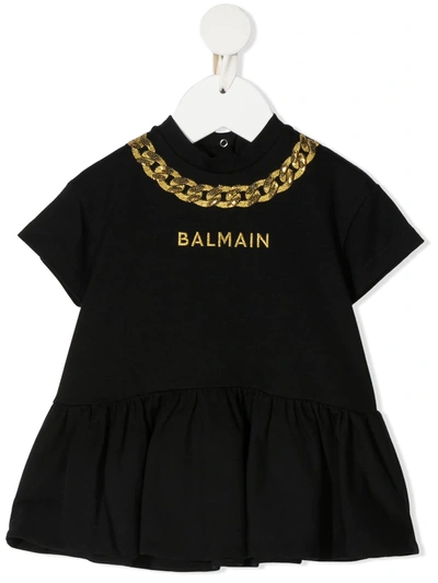 Shop Balmain Chain Embroidery Cotton T-shirt Dress In Black