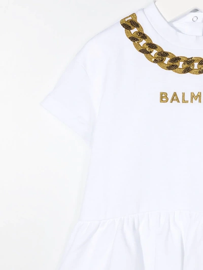 Shop Balmain Chain Embroidery Cotton T-shirt Dress In White
