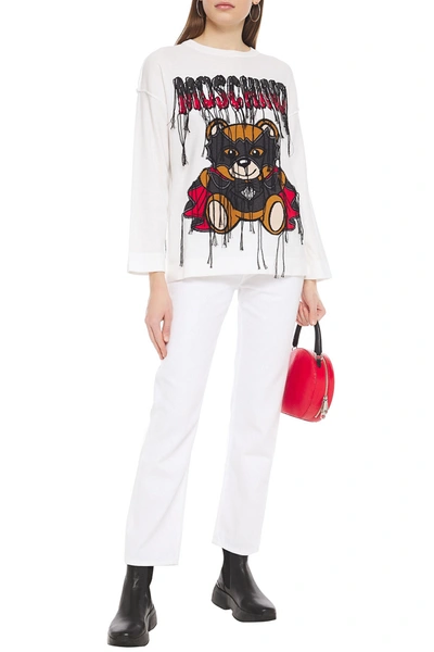 Shop Moschino Fringed Intarsia Cotton Sweater In White
