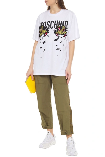 Shop Moschino Oversized Embroidered Printed Cotton-jersey T-shirt In White