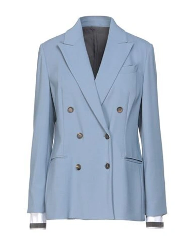 Shop Brunello Cucinelli Woman Blazer Pastel Blue Size 2 Virgin Wool, Viscose, Brass, Cotton, Polyamide