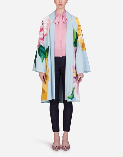 Shop Dolce & Gabbana Charmeuse Robe Coat With Intarsia In Azure
