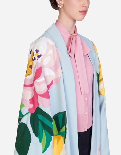 Shop Dolce & Gabbana Charmeuse Robe Coat With Intarsia In Azure