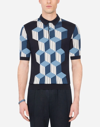 Shop Dolce & Gabbana Silk Polo Shirt With Intarsia In Blue