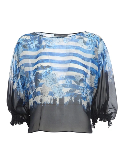 Shop Alberta Ferretti Striped Silk Cropped Blouse In Blue