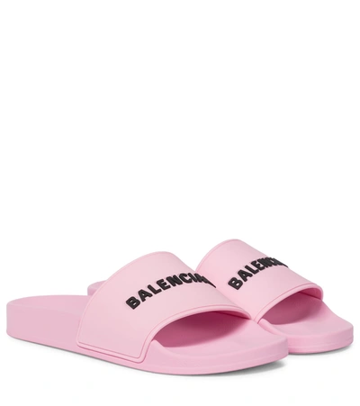 Shop Balenciaga Logo Rubber Slides In Light Pink/black
