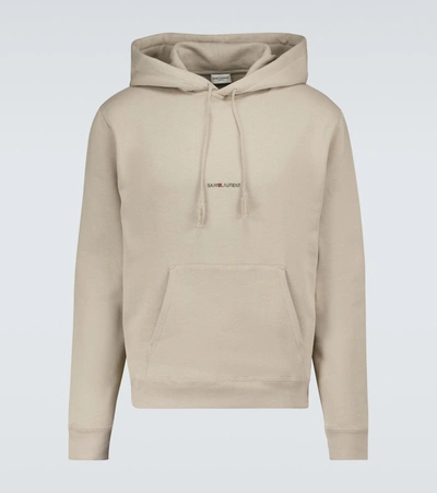 Shop Saint Laurent Cotton Logo Hooded Sweatshirt In Beige