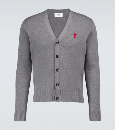 Shop Ami Alexandre Mattiussi Ami De Coeur Merino Wool Cardigan In Grey