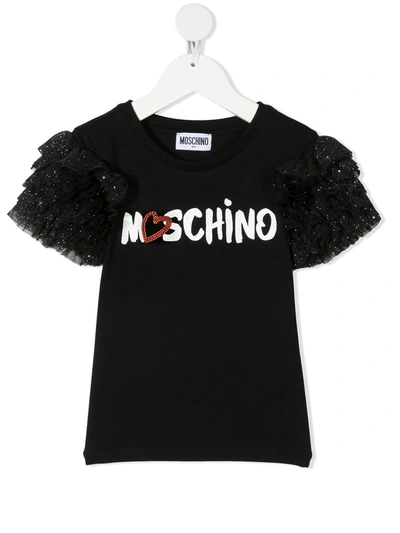 Moschino Ruffle-sleeve Stretch-cotton T-shirt In Black