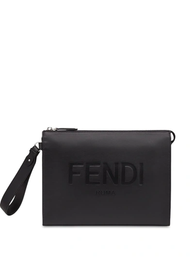 Shop Fendi Debossed-logo Wrist Strap Pouch In Black