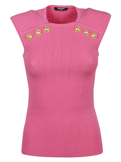 Shop Balmain Button Knit Top In Rose Moyen