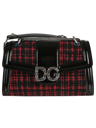 Shop Dolce & Gabbana Logo Plaque Flap Tweed Shoulder Bag In Black/red