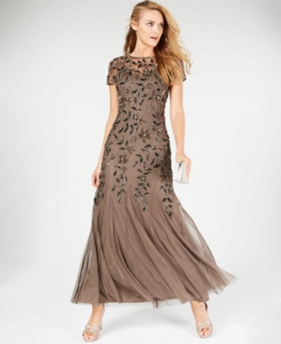 Shop Adrianna Papell Floral-beaded Gown In Lead
