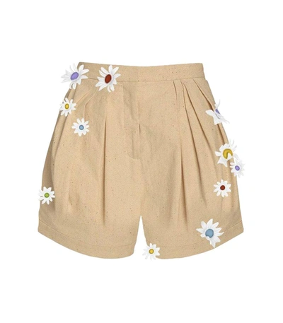 Shop Rosie Assoulin Daisy Embroidered Pleated Asymmetrical Short In Neutral