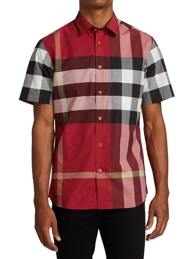 Shop Burberry Men's Somerton Plaid Short-sleeve Sport Shirt In Parade Red