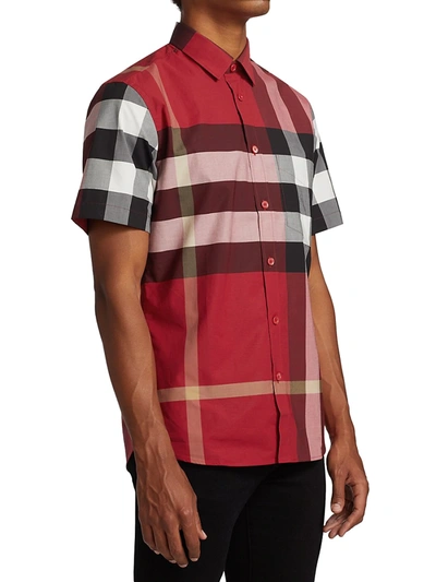 Shop Burberry Men's Somerton Plaid Short-sleeve Sport Shirt In Parade Red