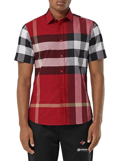 Shop Burberry Men's Somerton Plaid Short-sleeve Sport Shirt In Parade Red