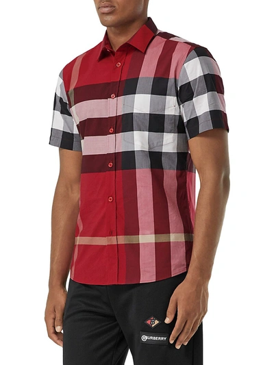 Shop Burberry Men's Somerton Plaid Short-sleeve Sport Shirt In Parade Red