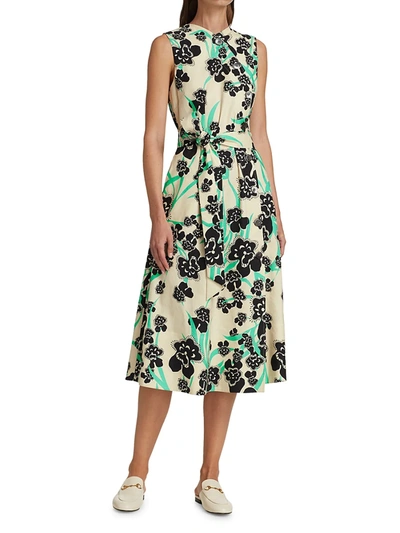 Shop St John Orchid Fever Print Twill Belted Midi Dress In Chamomile Multi