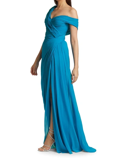 Shop Monique Lhuillier Asymmetric Draped One-shoulder Silk Gown In Electric Blue