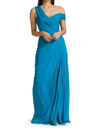 Shop Monique Lhuillier Asymmetric Draped One-shoulder Silk Gown In Electric Blue