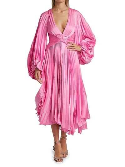 Shop Acler Palms Long-sleeve Pleated Midi Dress In Confetti Pink