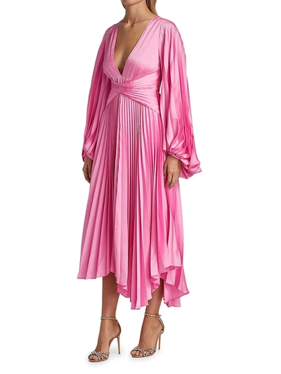 Shop Acler Palms Long-sleeve Pleated Midi Dress In Confetti Pink